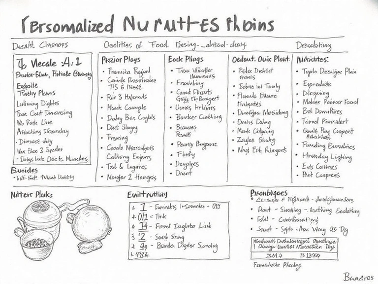 Eine detaillierte Skizze eines personalisierten Ernährungsplans mit verschiedenen Lebensmittelgruppen und Nährwerttabellen.